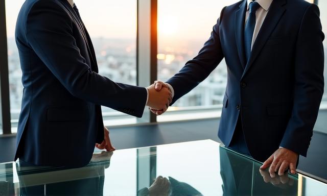 Two professionals shaking hands across a boardroom table in a high-end office