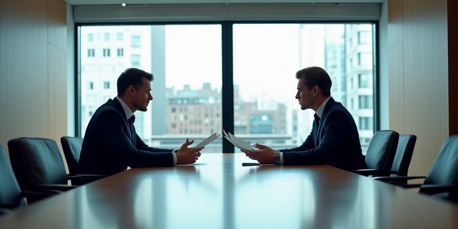 Modern boardroom meeting with legal professionals discussing documents